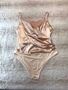 Satin Draped One-Piece Bodysuit in Blush Champaign large